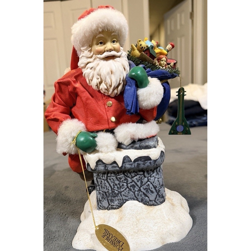 Possible Dreams Clothtique Santa Chimney Figurine Christmas Decor Red Blue Sack